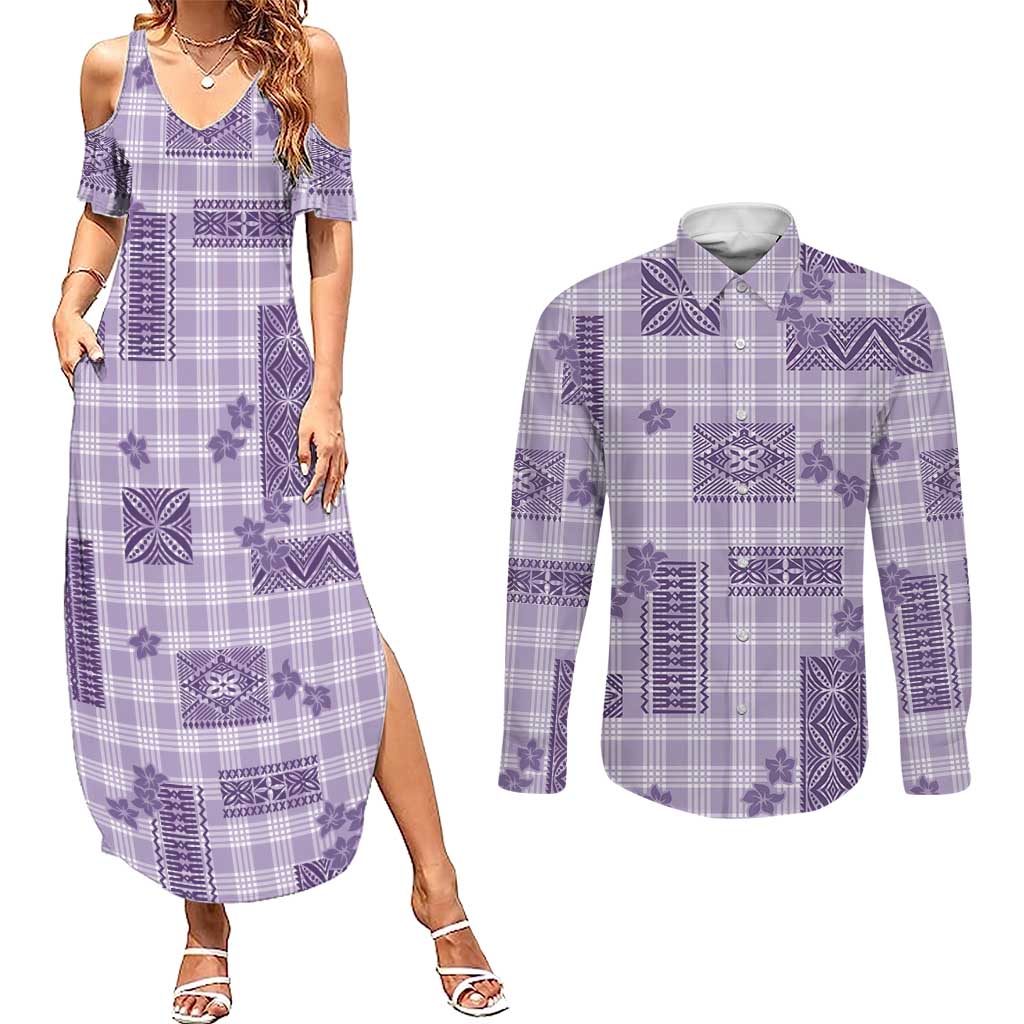 Hawaiian Quilt Tapa On Lilac Palaka Motifs Couples Matching Summer Maxi Dress and Long Sleeve Button Shirt LT7 Lilac - Polynesian Pride