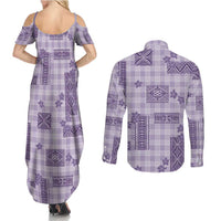 Hawaiian Quilt Tapa On Lilac Palaka Motifs Couples Matching Summer Maxi Dress and Long Sleeve Button Shirt LT7 - Polynesian Pride