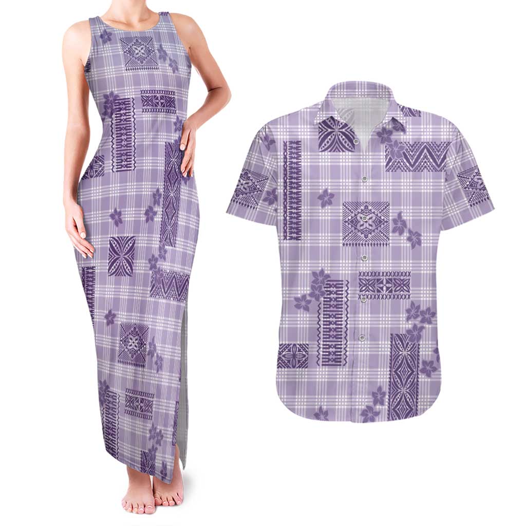 Hawaiian Quilt Tapa On Lilac Palaka Motifs Couples Matching Tank Maxi Dress and Hawaiian Shirt