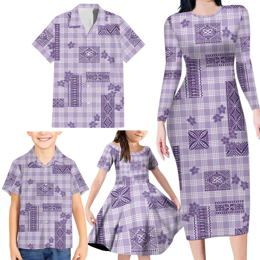 Hawaiian Quilt Tapa On Lilac Palaka Motifs Family Matching Long Sleeve Bodycon Dress and Hawaiian Shirt