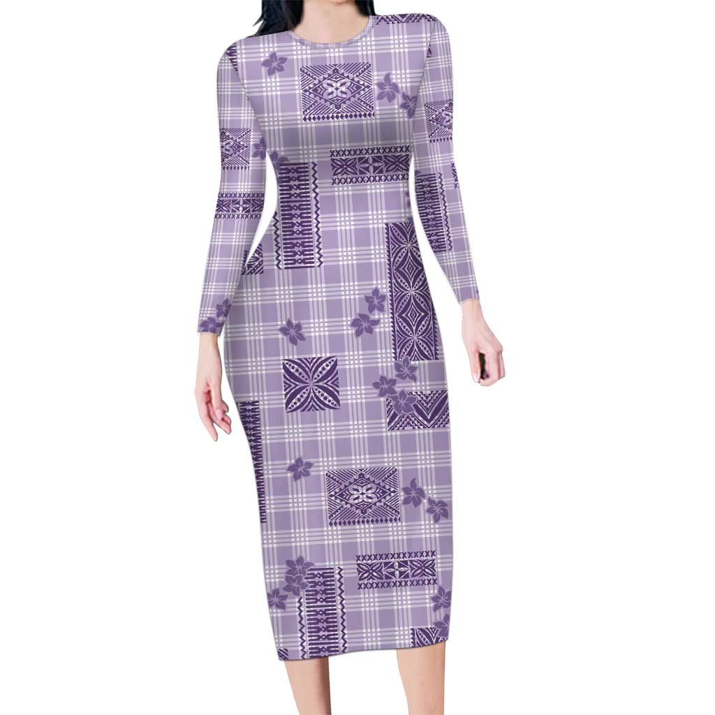 Hawaiian Quilt Tapa On Lilac Palaka Motifs Family Matching Long Sleeve Bodycon Dress and Hawaiian Shirt LT7 Mom's Dress Lilac - Polynesian Pride