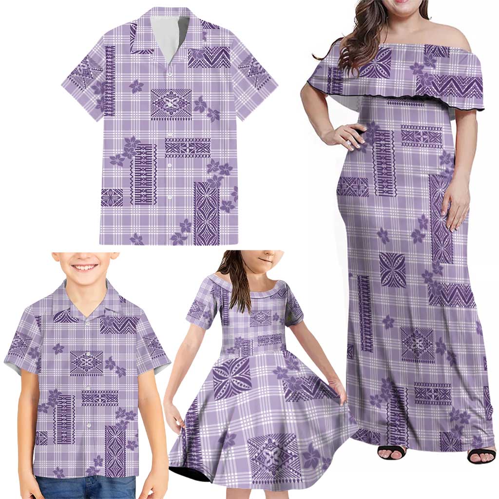 Hawaiian Quilt Tapa On Lilac Palaka Motifs Family Matching Off Shoulder Maxi Dress and Hawaiian Shirt LT7 - Polynesian Pride