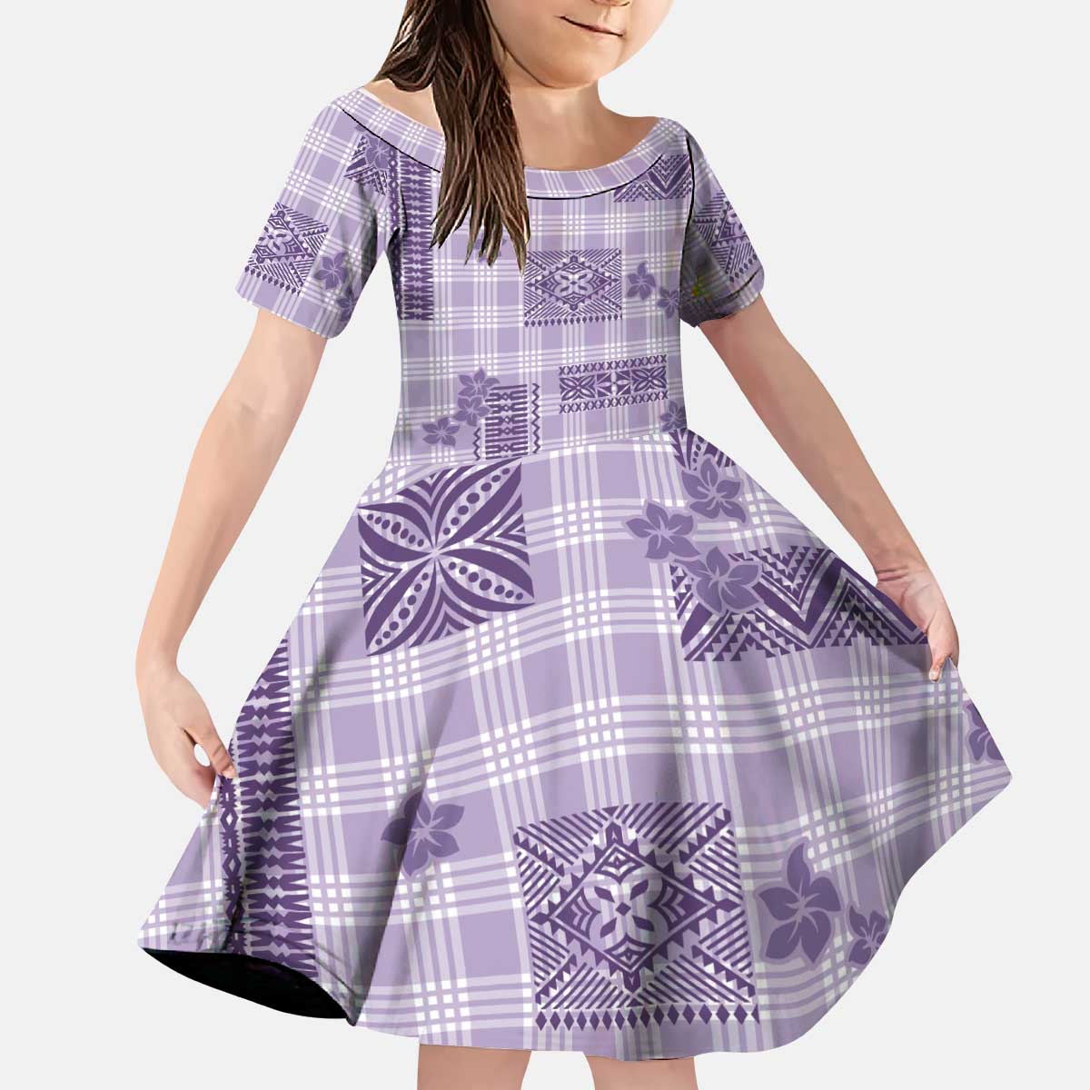 Hawaiian Quilt Tapa On Lilac Palaka Motifs Kid Short Sleeve Dress