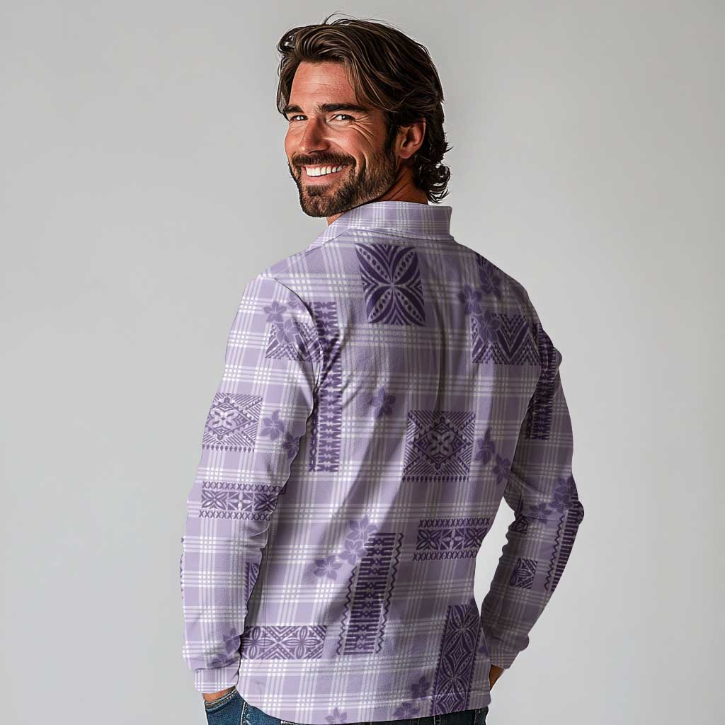 Hawaiian Quilt Tapa On Lilac Palaka Motifs Long Sleeve Polo Shirt