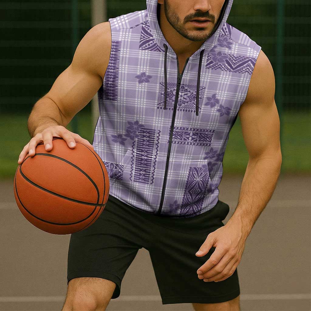 Hawaiian Quilt Tapa On Lilac Palaka Motifs Sleeveless Zip Hoodie