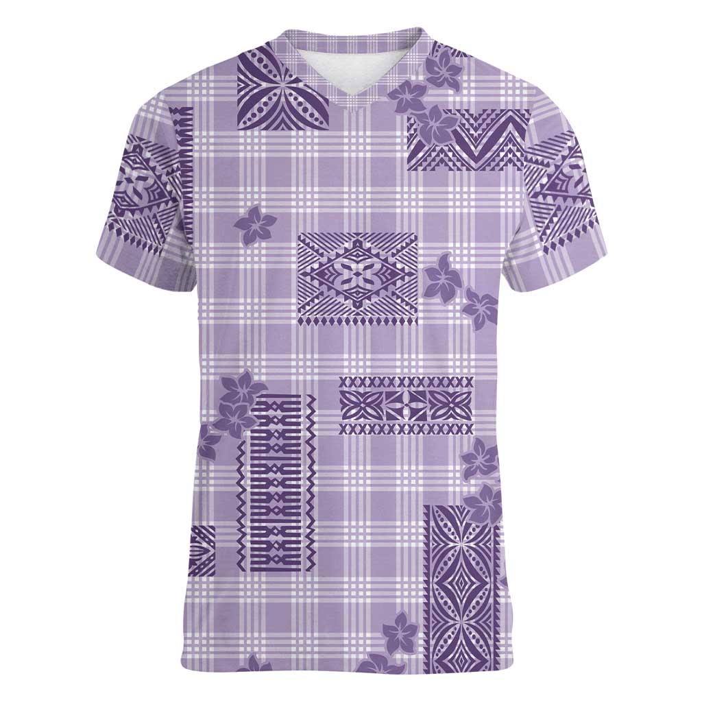 Hawaiian Quilt Tapa On Lilac Palaka Motifs Women V-Neck T-Shirt LT7 Female Lilac - Polynesian Pride