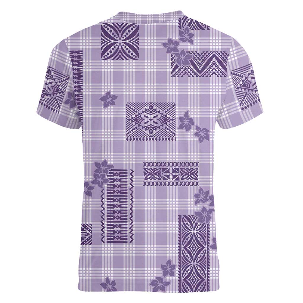 Hawaiian Quilt Tapa On Lilac Palaka Motifs Women V-Neck T-Shirt LT7 - Polynesian Pride