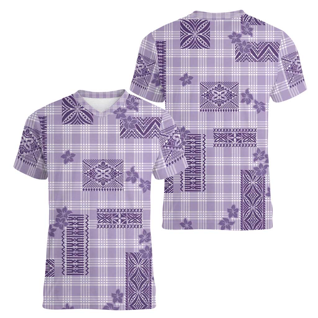 Hawaiian Quilt Tapa On Lilac Palaka Motifs Women V-Neck T-Shirt LT7 - Polynesian Pride