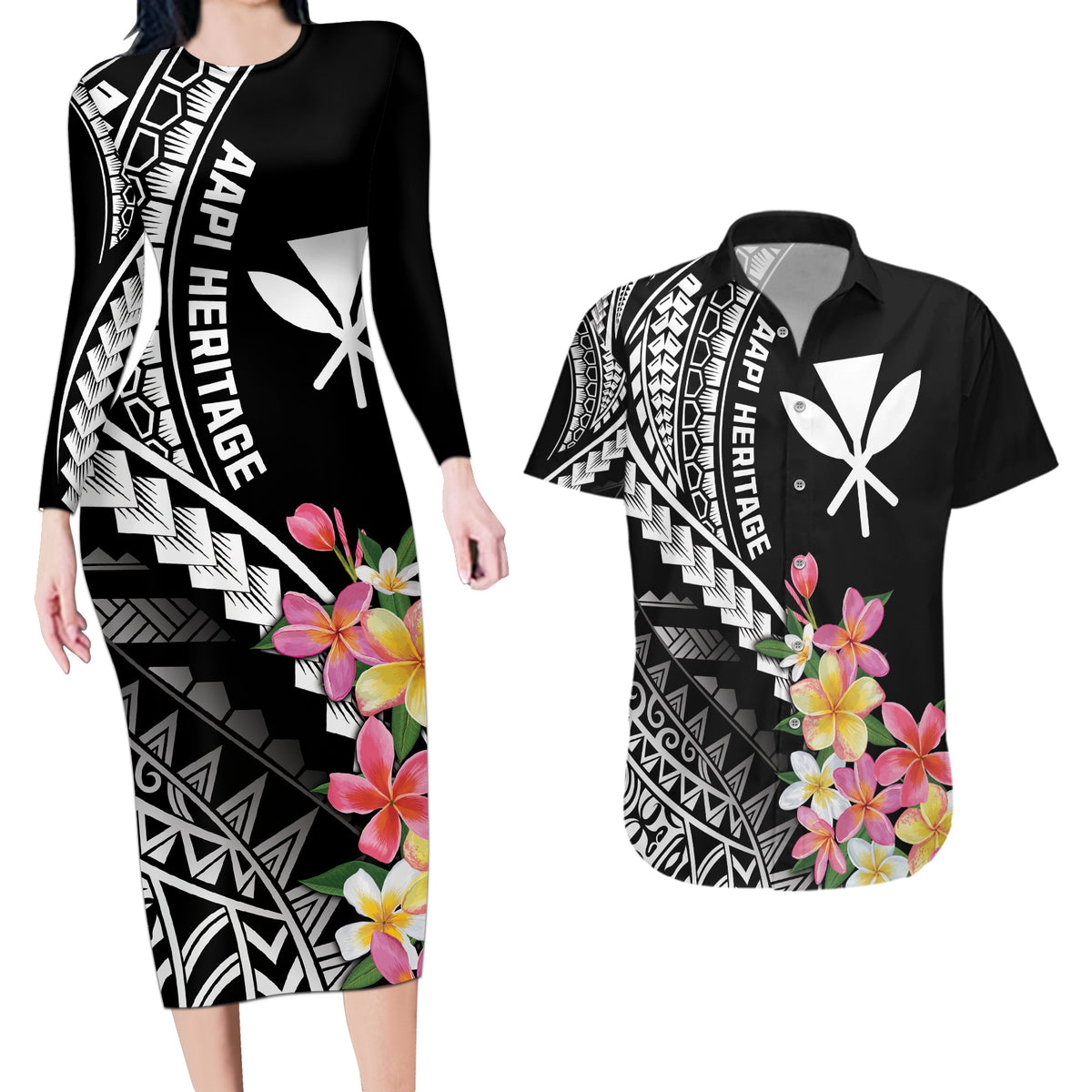 AAPI Heritage Month Couples Matching Long Sleeve Bodycon Dress and Hawaiian Shirt Kanaka Hawaii Plumeria LT7 Black - Polynesian Pride