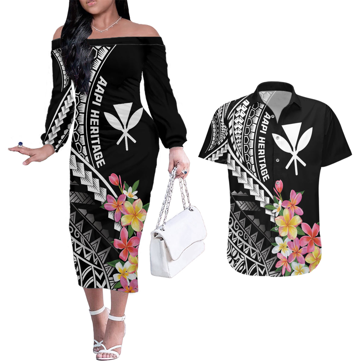 AAPI Heritage Month Couples Matching Off The Shoulder Long Sleeve Dress and Hawaiian Shirt Kanaka Hawaii Plumeria LT7 Black - Polynesian Pride