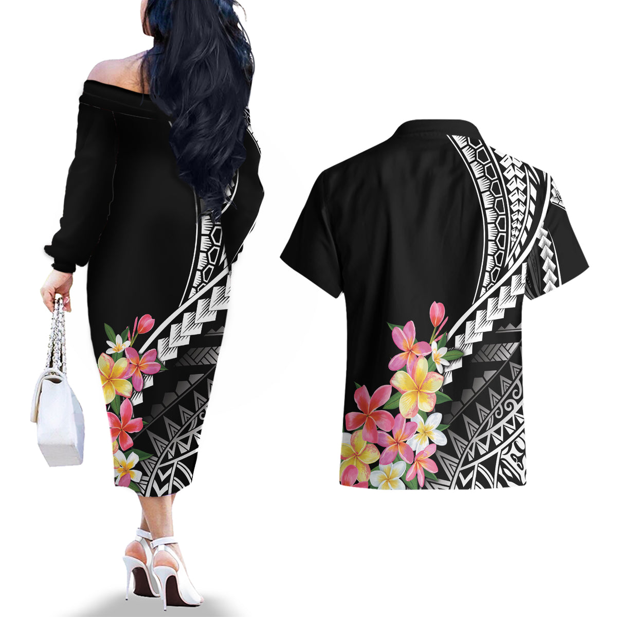 AAPI Heritage Month Couples Matching Off The Shoulder Long Sleeve Dress and Hawaiian Shirt Kanaka Hawaii Plumeria LT7 - Polynesian Pride