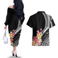 AAPI Heritage Month Couples Matching Off The Shoulder Long Sleeve Dress and Hawaiian Shirt Kanaka Hawaii Plumeria LT7 - Polynesian Pride