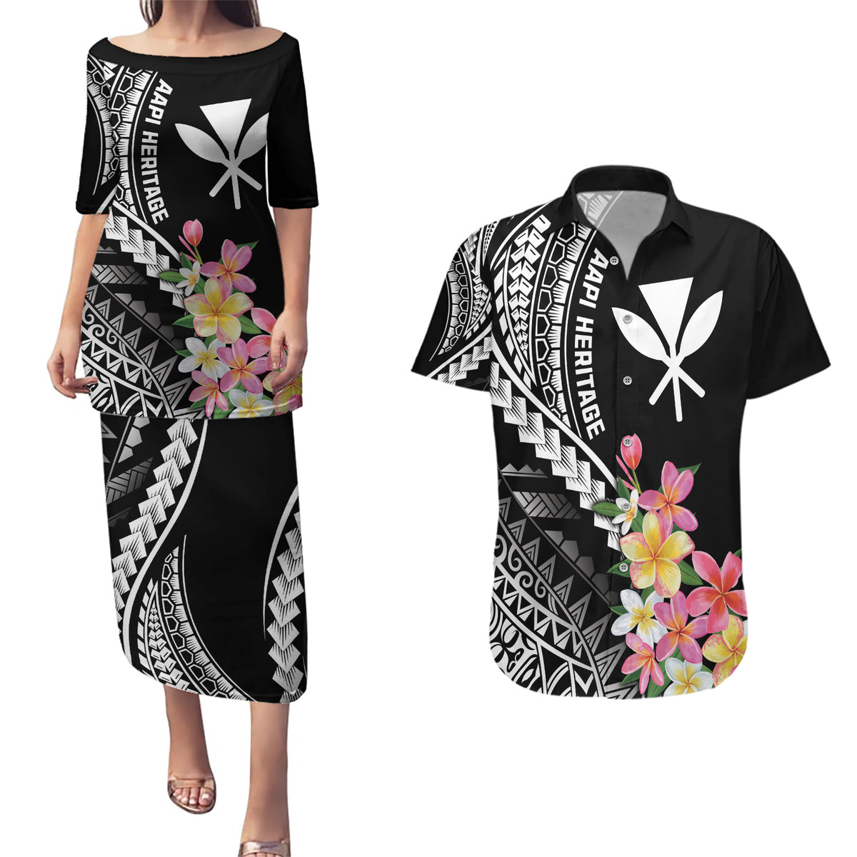 AAPI Heritage Month Couples Matching Puletasi and Hawaiian Shirt Kanaka Hawaii Plumeria