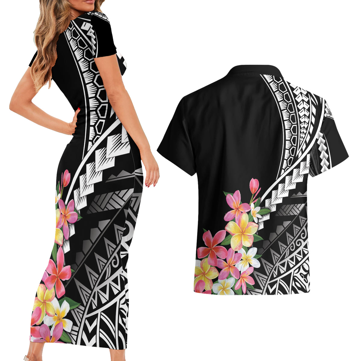 AAPI Heritage Month Couples Matching Short Sleeve Bodycon Dress and Hawaiian Shirt Kanaka Hawaii Plumeria LT7 - Polynesian Pride
