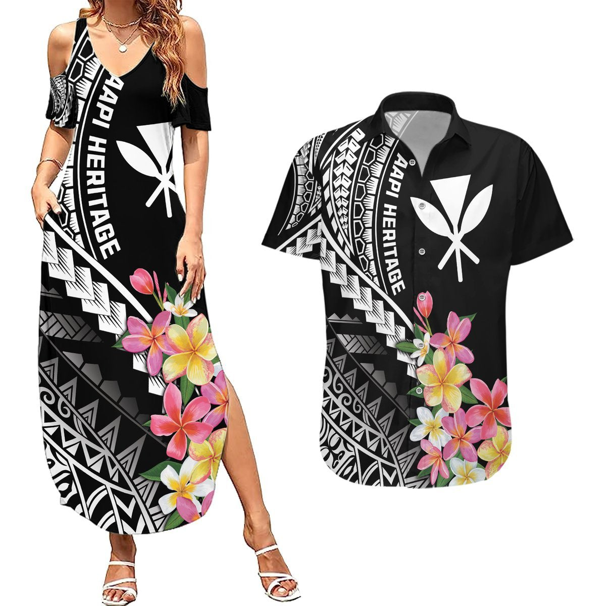 AAPI Heritage Month Couples Matching Summer Maxi Dress and Hawaiian Shirt Kanaka Hawaii Plumeria LT7 Black - Polynesian Pride