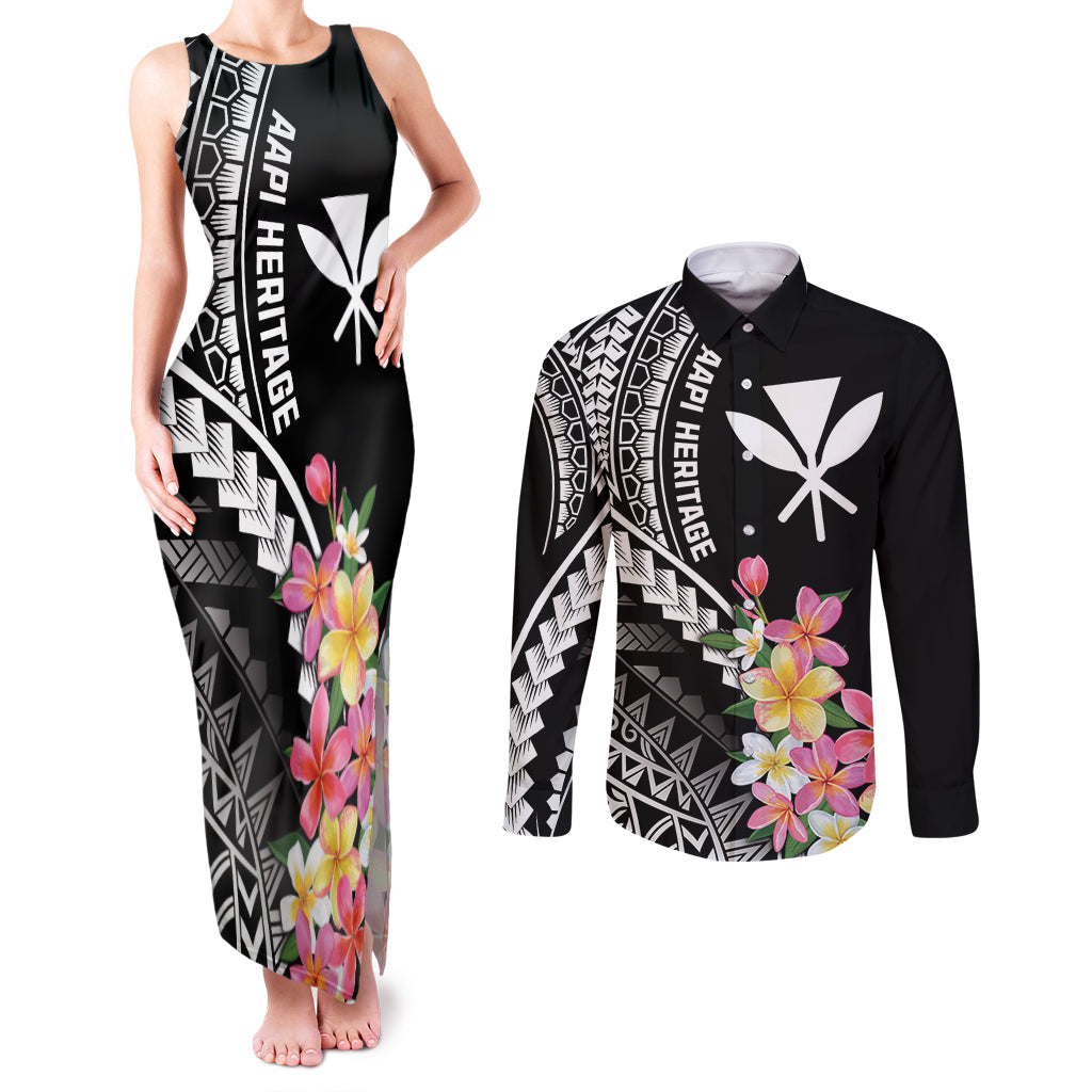 AAPI Heritage Month Couples Matching Tank Maxi Dress and Long Sleeve Button Shirt Kanaka Hawaii Plumeria LT7 Black - Polynesian Pride