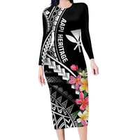 AAPI Heritage Month Family Matching Long Sleeve Bodycon Dress and Hawaiian Shirt Kanaka Hawaii Plumeria LT7 Mom's Dress Black - Polynesian Pride