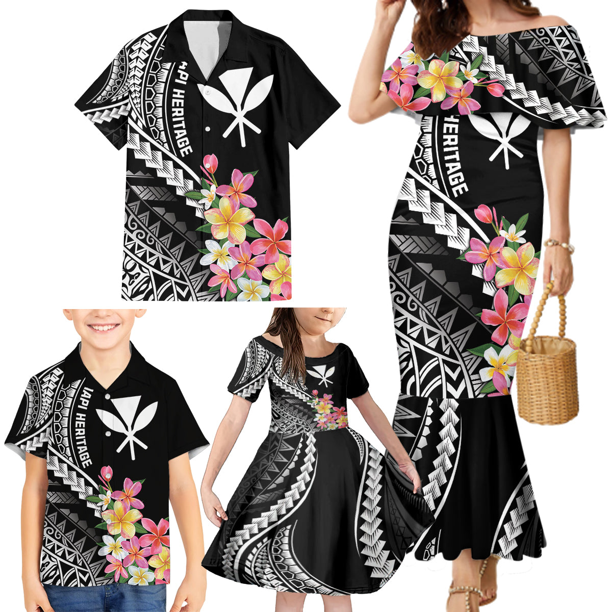 AAPI Heritage Month Family Matching Mermaid Dress and Hawaiian Shirt Kanaka Hawaii Plumeria LT7 - Polynesian Pride