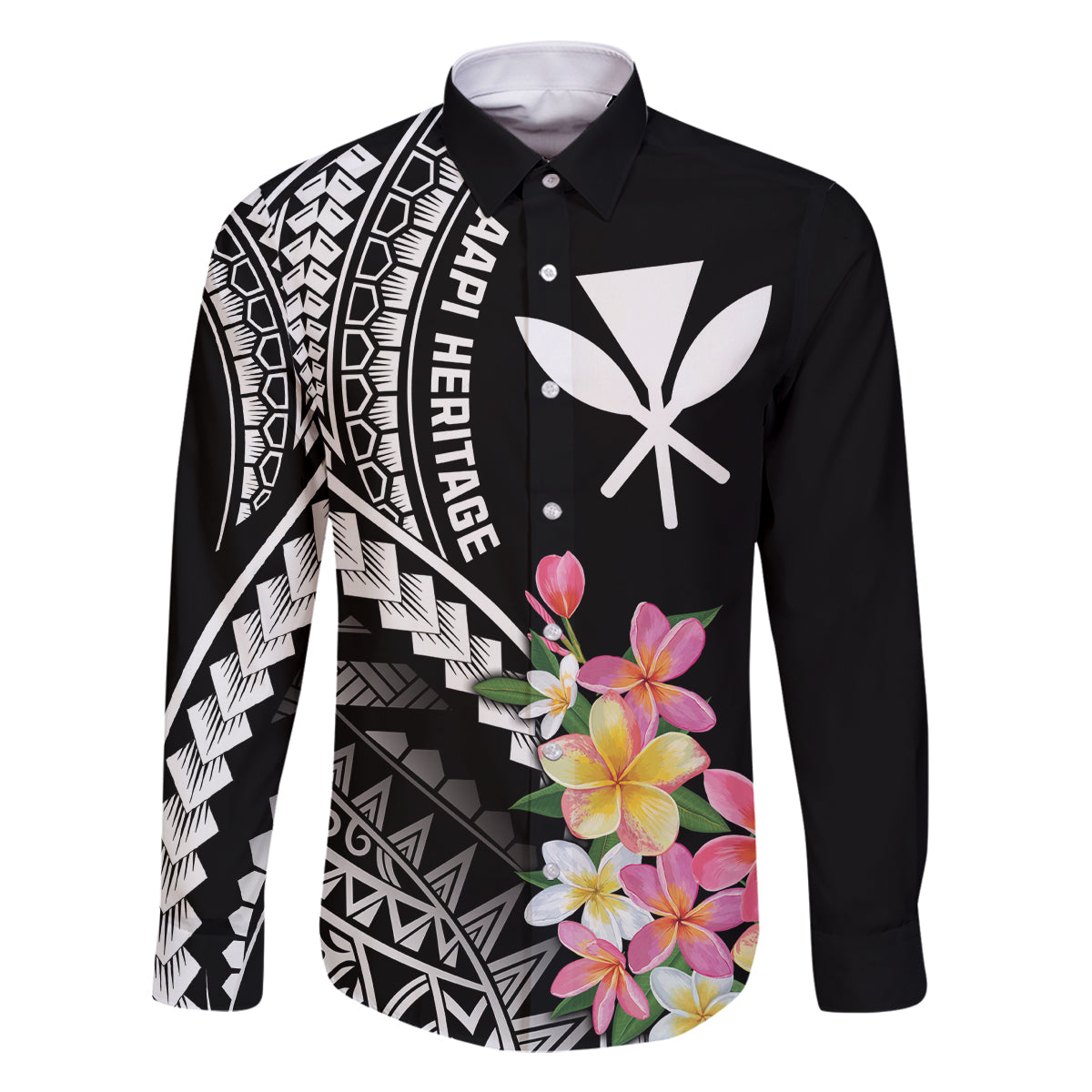 AAPI Heritage Month Family Matching Mermaid Dress and Hawaiian Shirt Kanaka Hawaii Plumeria LT7 Dad's Shirt - Long Sleeve Black - Polynesian Pride