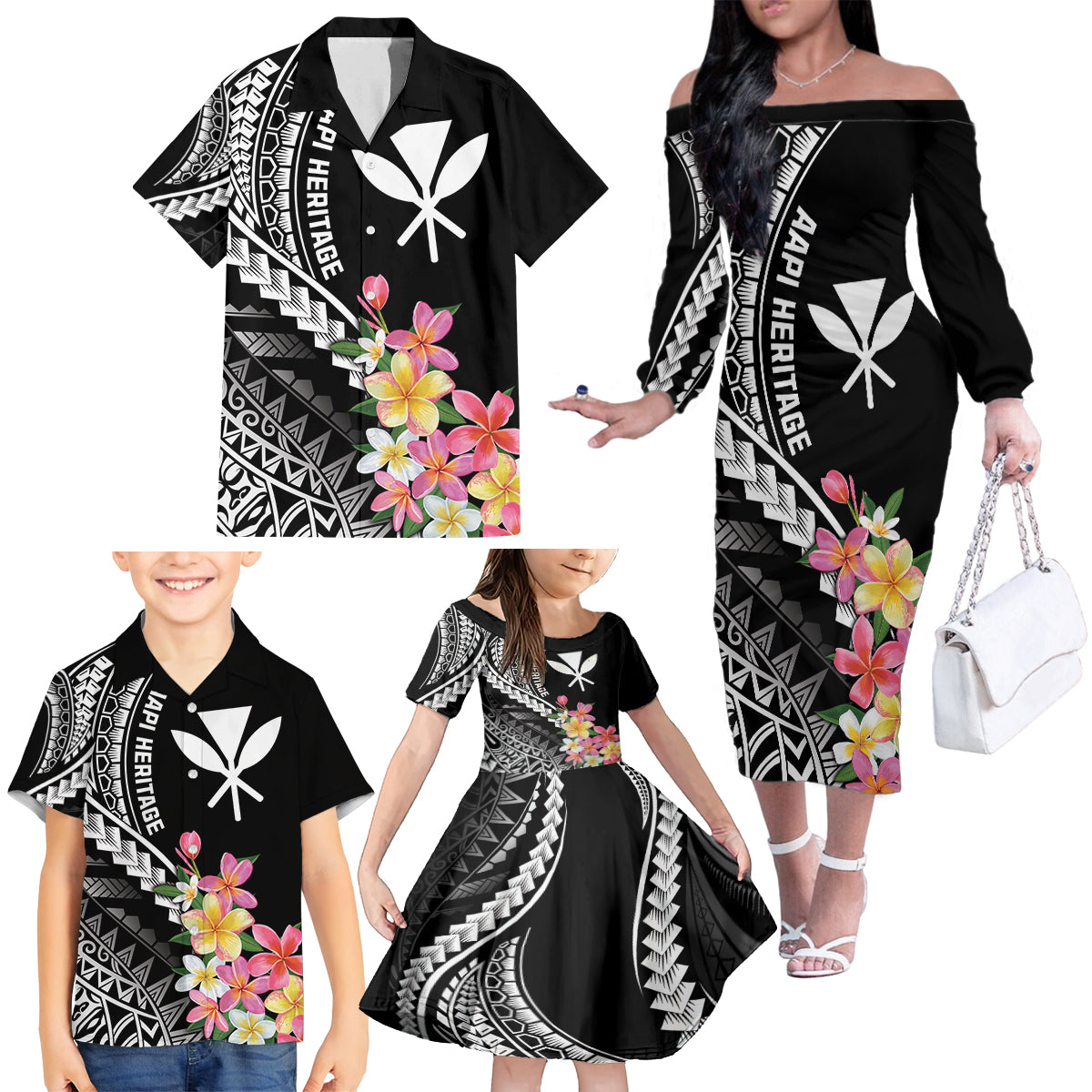 AAPI Heritage Month Family Matching Off The Shoulder Long Sleeve Dress and Hawaiian Shirt Kanaka Hawaii Plumeria LT7 - Polynesian Pride