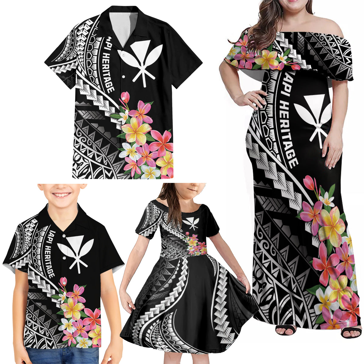AAPI Heritage Month Family Matching Off Shoulder Maxi Dress and Hawaiian Shirt Kanaka Hawaii Plumeria LT7 - Polynesian Pride