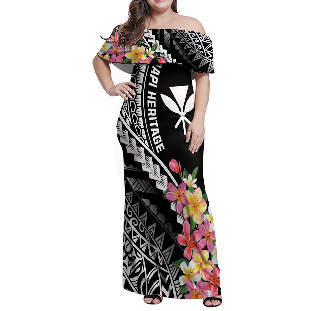 AAPI Heritage Month Family Matching Off Shoulder Maxi Dress and Hawaiian Shirt Kanaka Hawaii Plumeria LT7 Mom's Dress Black - Polynesian Pride