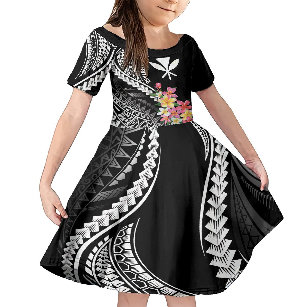 AAPI Heritage Month Family Matching Off Shoulder Short Dress and Hawaiian Shirt Kanaka Hawaii Plumeria LT7 Daughter's Dress Black - Polynesian Pride