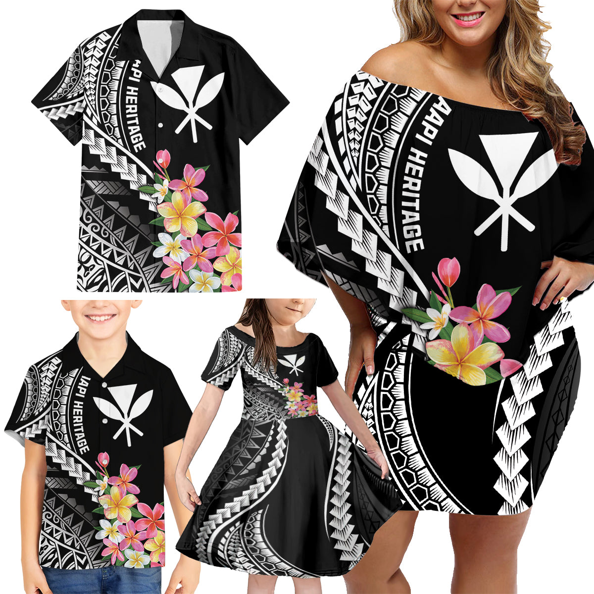 AAPI Heritage Month Family Matching Off Shoulder Short Dress and Hawaiian Shirt Kanaka Hawaii Plumeria LT7 - Polynesian Pride
