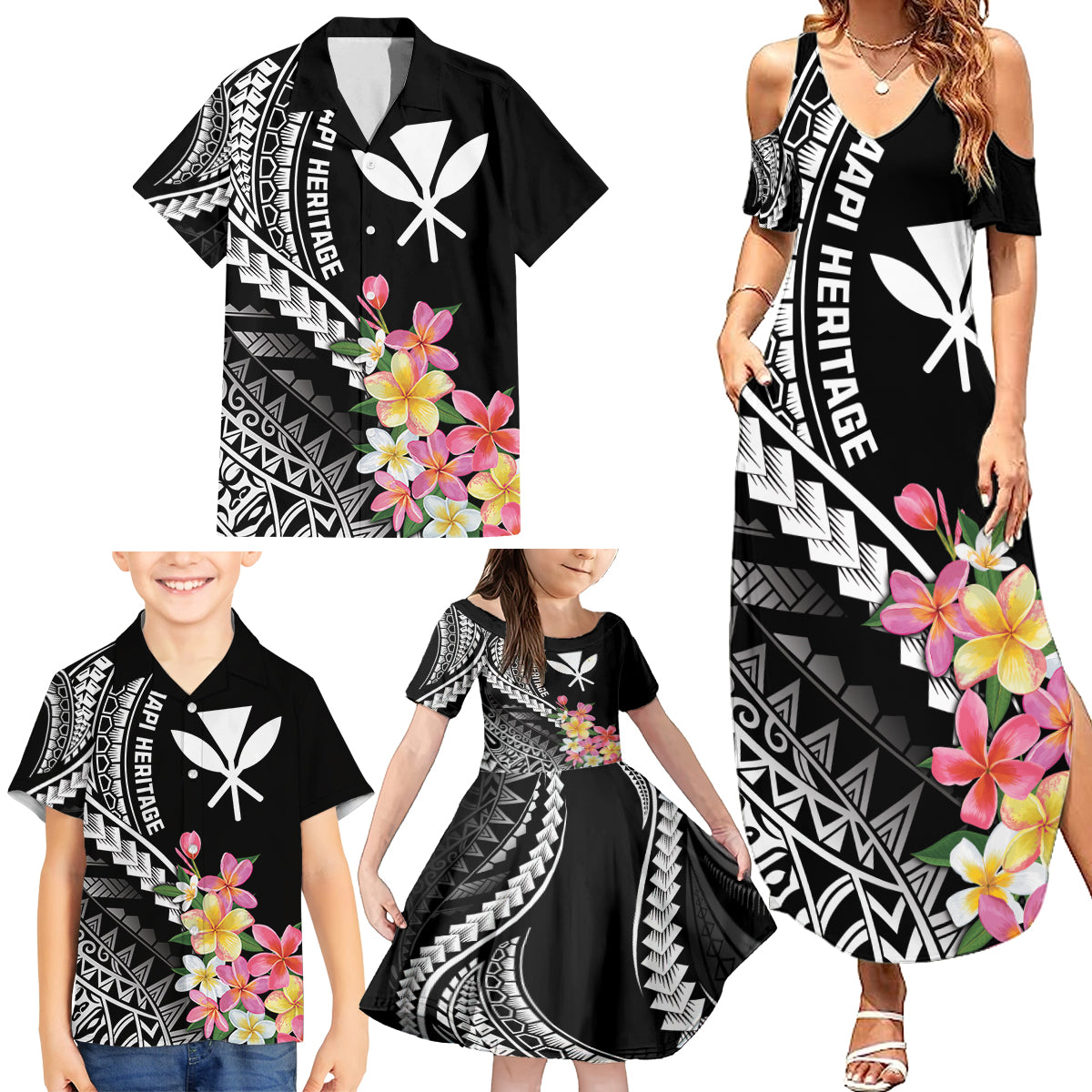 AAPI Heritage Month Family Matching Summer Maxi Dress and Hawaiian Shirt Kanaka Hawaii Plumeria LT7 - Polynesian Pride