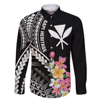 AAPI Heritage Month Family Matching Tank Maxi Dress and Hawaiian Shirt Kanaka Hawaii Plumeria LT7 Dad's Shirt - Long Sleeve Black - Polynesian Pride