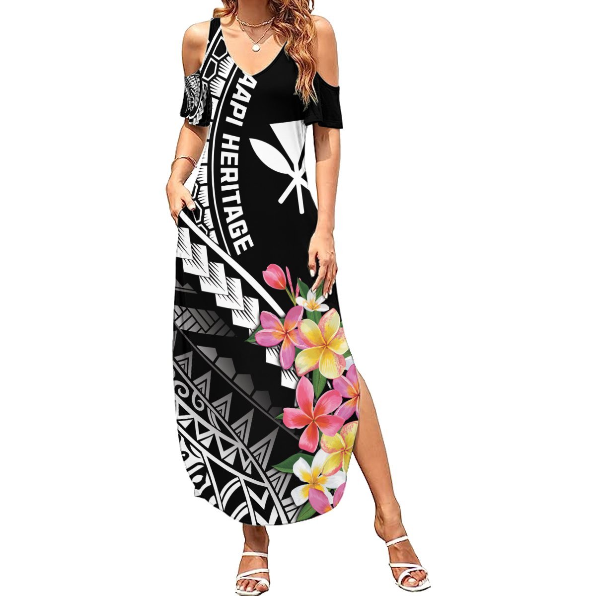AAPI Heritage Month Summer Maxi Dress Kanaka Hawaii Plumeria LT7 Women Black - Polynesian Pride
