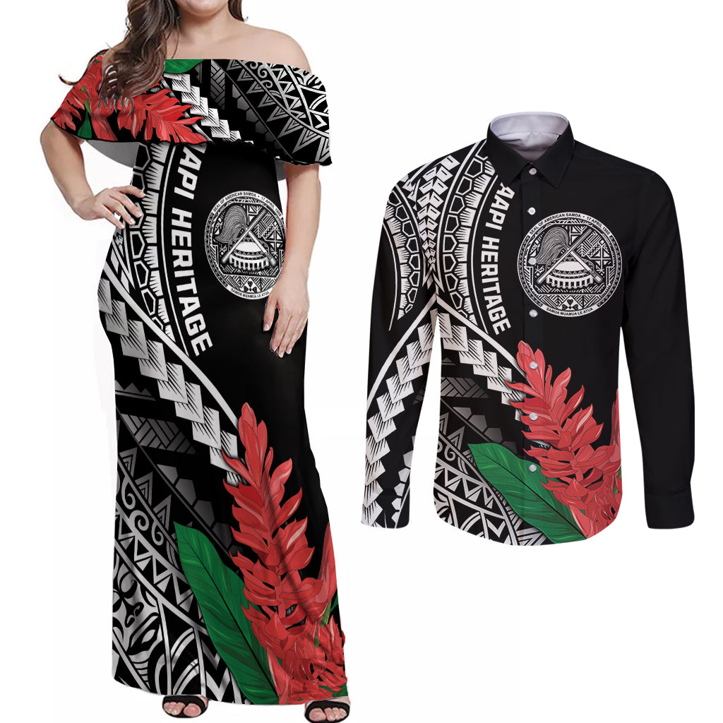 AAPI Heritage Month Couples Matching Off Shoulder Maxi Dress and Long Sleeve Button Shirt Samoa Teuila LT7 Black - Polynesian Pride