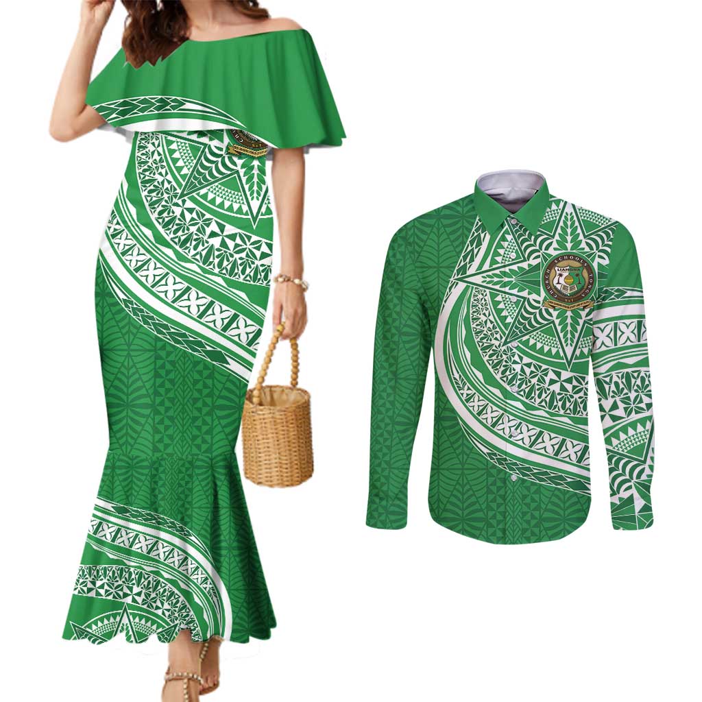Tonga Liahona High School Personalized Couples Matching Mermaid Dress and Long Sleeve Button Shirt Ngatu Tokelaufeletoa Motifs LT7 Green - Polynesian Pride