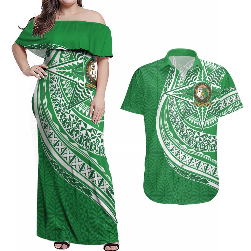 Tonga Liahona High School Personalized Couples Matching Off Shoulder Maxi Dress and Hawaiian Shirt Ngatu Tokelaufeletoa Motifs LT7 Green - Polynesian Pride