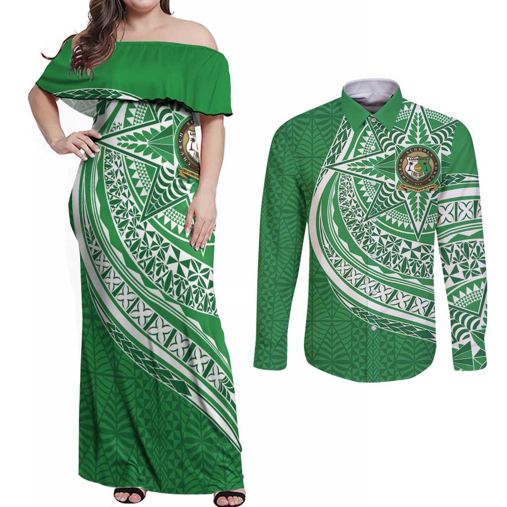 Tonga Liahona High School Personalized Couples Matching Off Shoulder Maxi Dress and Long Sleeve Button Shirt Ngatu Tokelaufeletoa Motifs LT7 Green - Polynesian Pride