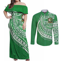 Tonga Liahona High School Personalized Couples Matching Off Shoulder Maxi Dress and Long Sleeve Button Shirt Ngatu Tokelaufeletoa Motifs LT7 Green - Polynesian Pride