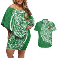 Tonga Liahona High School Personalized Couples Matching Off Shoulder Short Dress and Hawaiian Shirt Ngatu Tokelaufeletoa Motifs LT7 Green - Polynesian Pride
