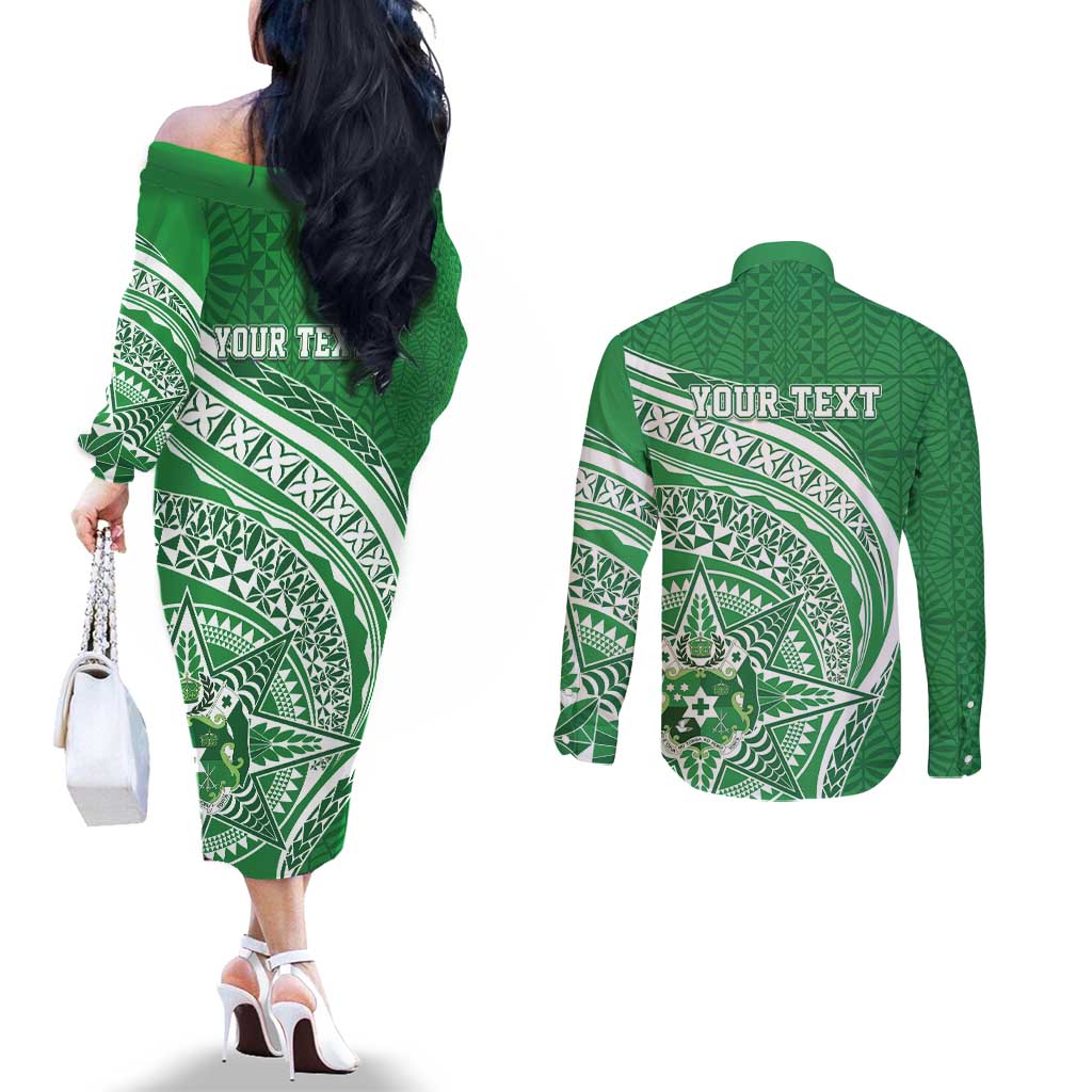 Tonga Liahona High School Personalized Couples Matching Off The Shoulder Long Sleeve Dress and Long Sleeve Button Shirt Ngatu Tokelaufeletoa Motifs LT7 - Polynesian Pride