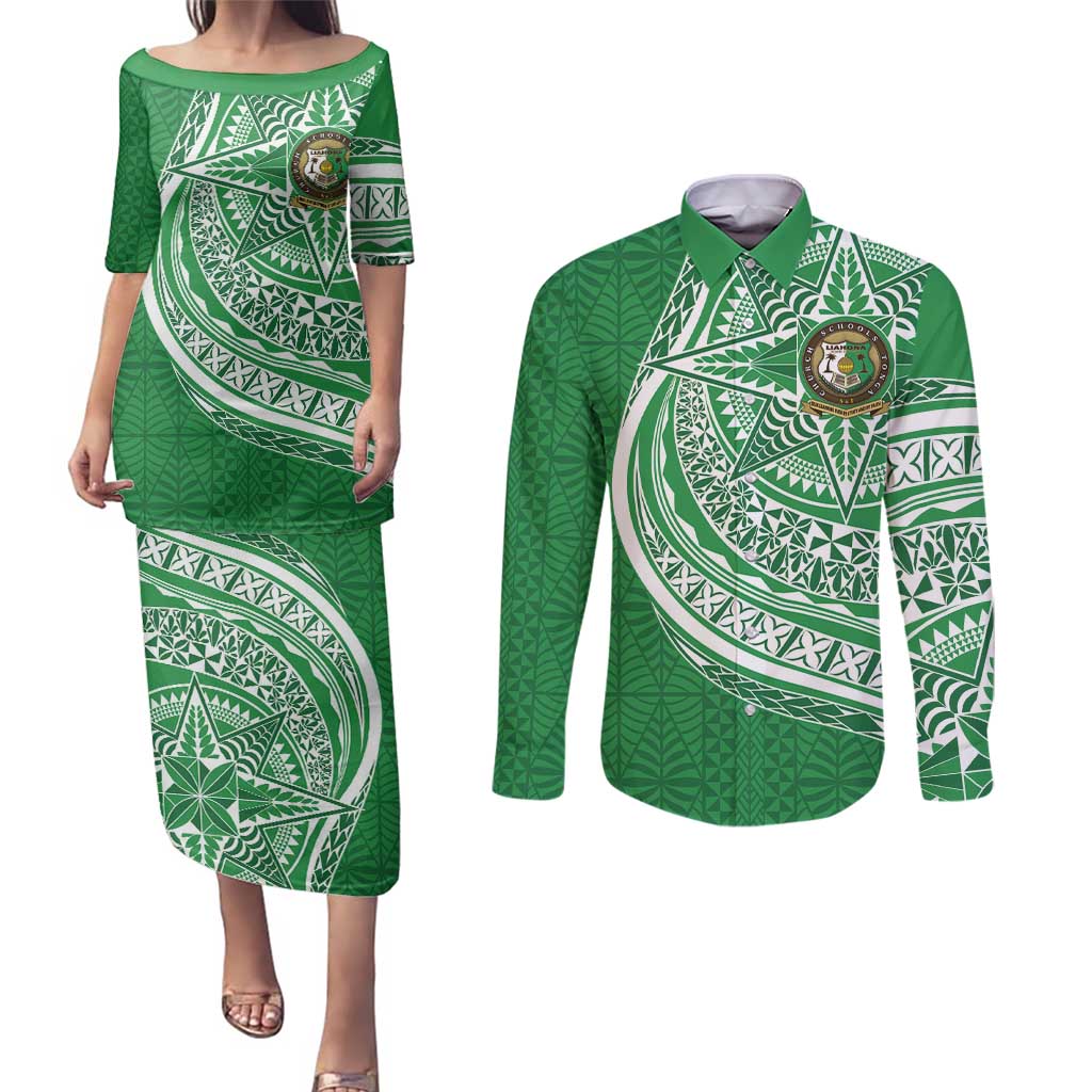 Tonga Liahona High School Personalized Couples Matching Puletasi and Long Sleeve Button Shirt Ngatu Tokelaufeletoa Motifs LT7 Green - Polynesian Pride