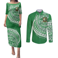 Tonga Liahona High School Personalized Couples Matching Puletasi and Long Sleeve Button Shirt Ngatu Tokelaufeletoa Motifs LT7 Green - Polynesian Pride