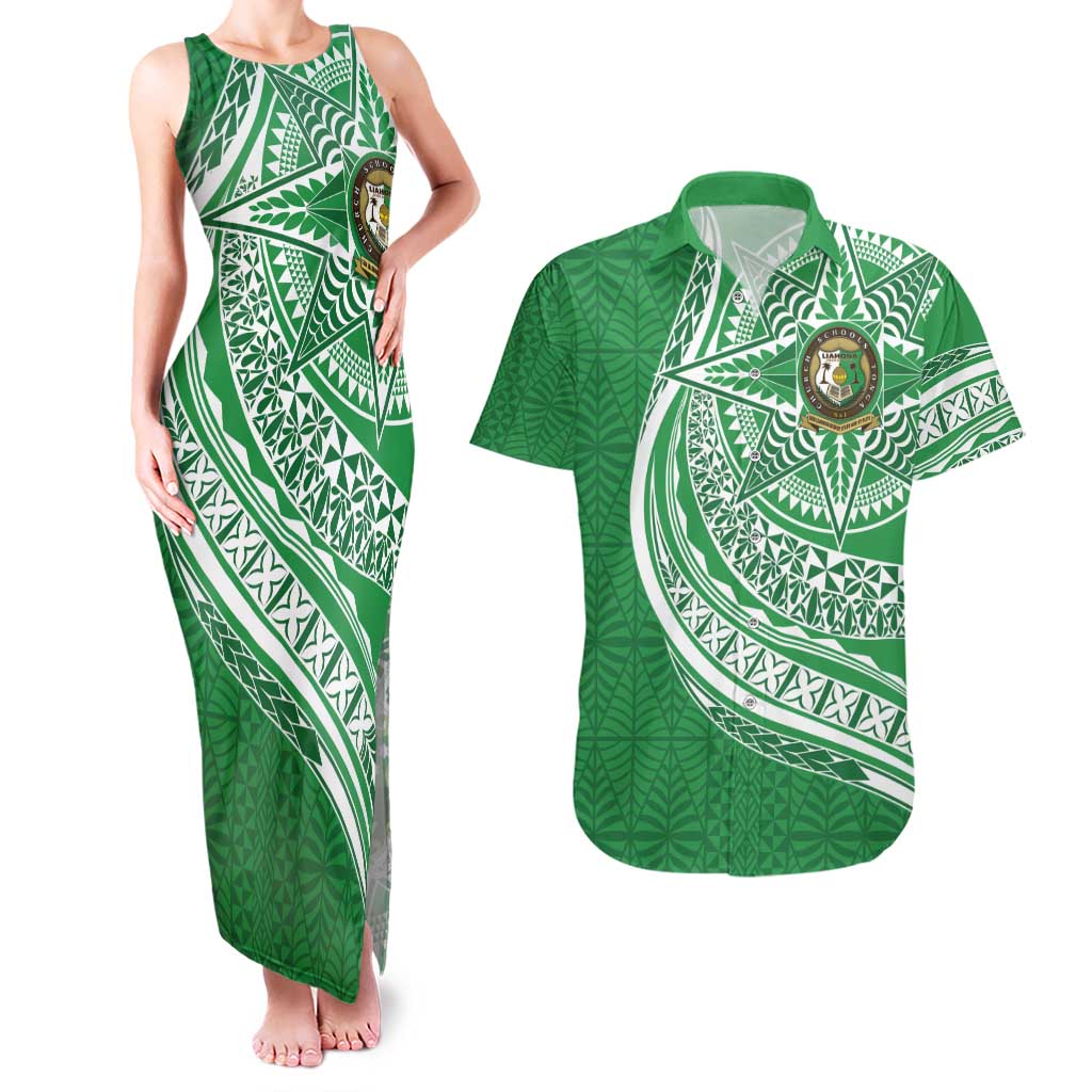 Tonga Liahona High School Personalized Couples Matching Tank Maxi Dress and Hawaiian Shirt Ngatu Tokelaufeletoa Motifs LT7 Green - Polynesian Pride