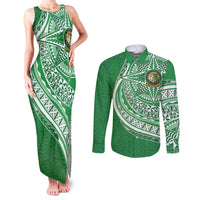 Tonga Liahona High School Personalized Couples Matching Tank Maxi Dress and Long Sleeve Button Shirt Ngatu Tokelaufeletoa Motifs LT7 Green - Polynesian Pride