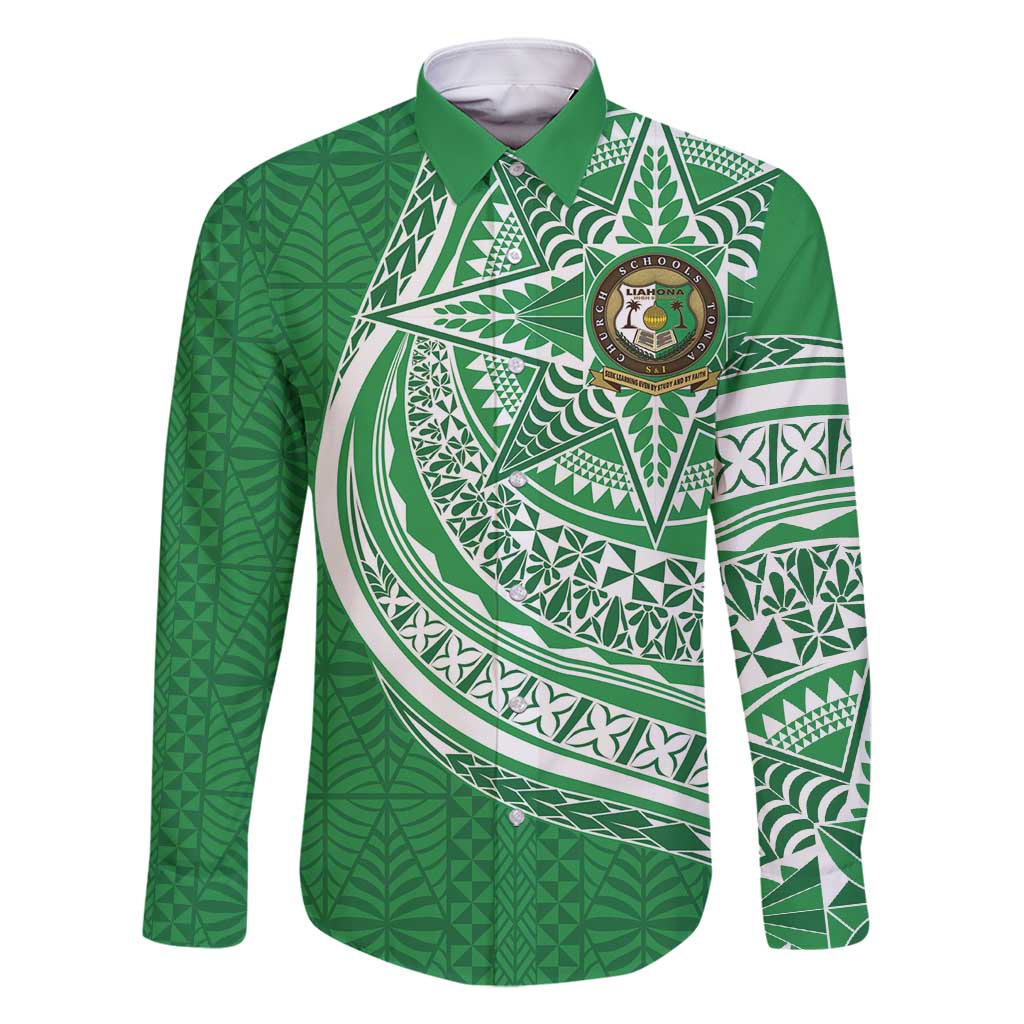 Tonga Liahona High School Personalized Family Matching Long Sleeve Bodycon Dress and Hawaiian Shirt Ngatu Tokelaufeletoa Motifs LT7 Dad's Shirt - Long Sleeve Green - Polynesian Pride