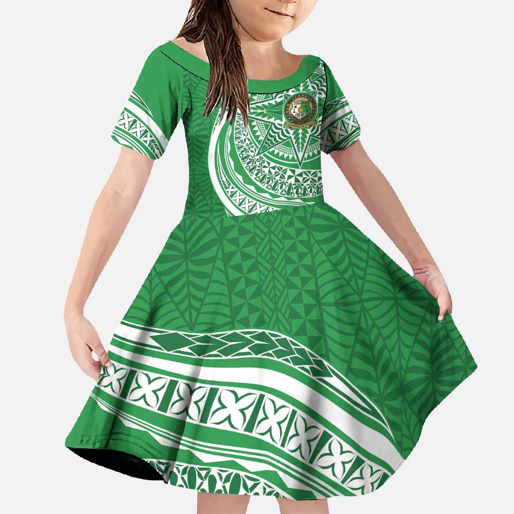 Tonga Liahona High School Personalized Family Matching Off Shoulder Maxi Dress and Hawaiian Shirt Ngatu Tokelaufeletoa Motifs LT7 Daughter's Dress Green - Polynesian Pride