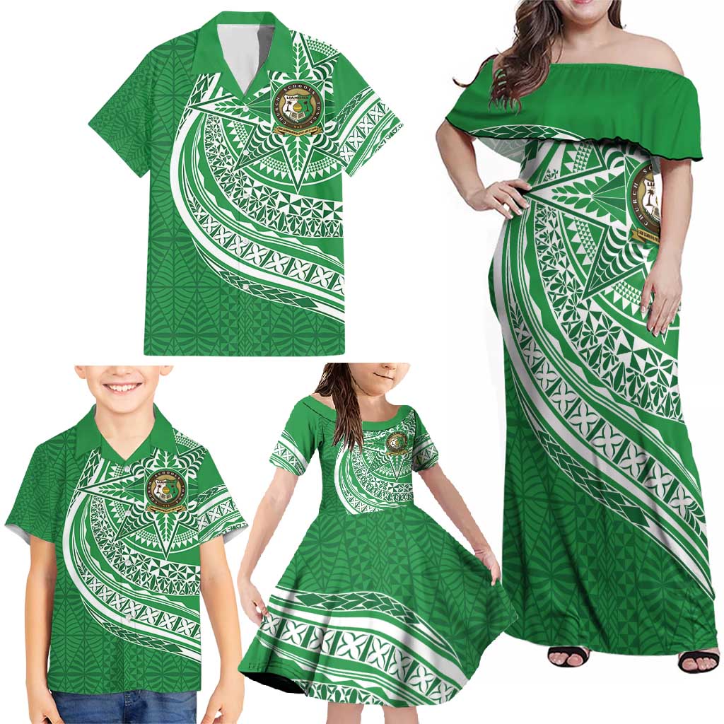 Tonga Liahona High School Personalized Family Matching Off Shoulder Maxi Dress and Hawaiian Shirt Ngatu Tokelaufeletoa Motifs LT7 - Polynesian Pride