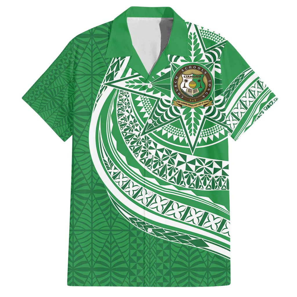Tonga Liahona High School Personalized Family Matching Off Shoulder Short Dress and Hawaiian Shirt Ngatu Tokelaufeletoa Motifs LT7 Dad's Shirt - Short Sleeve Green - Polynesian Pride