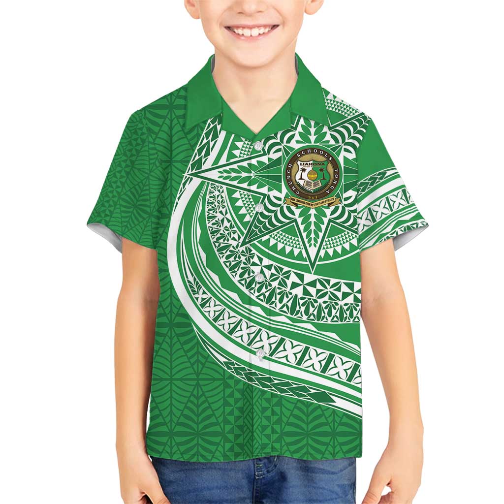 Tonga Liahona High School Personalized Family Matching Off Shoulder Short Dress and Hawaiian Shirt Ngatu Tokelaufeletoa Motifs LT7 Son's Shirt Green - Polynesian Pride