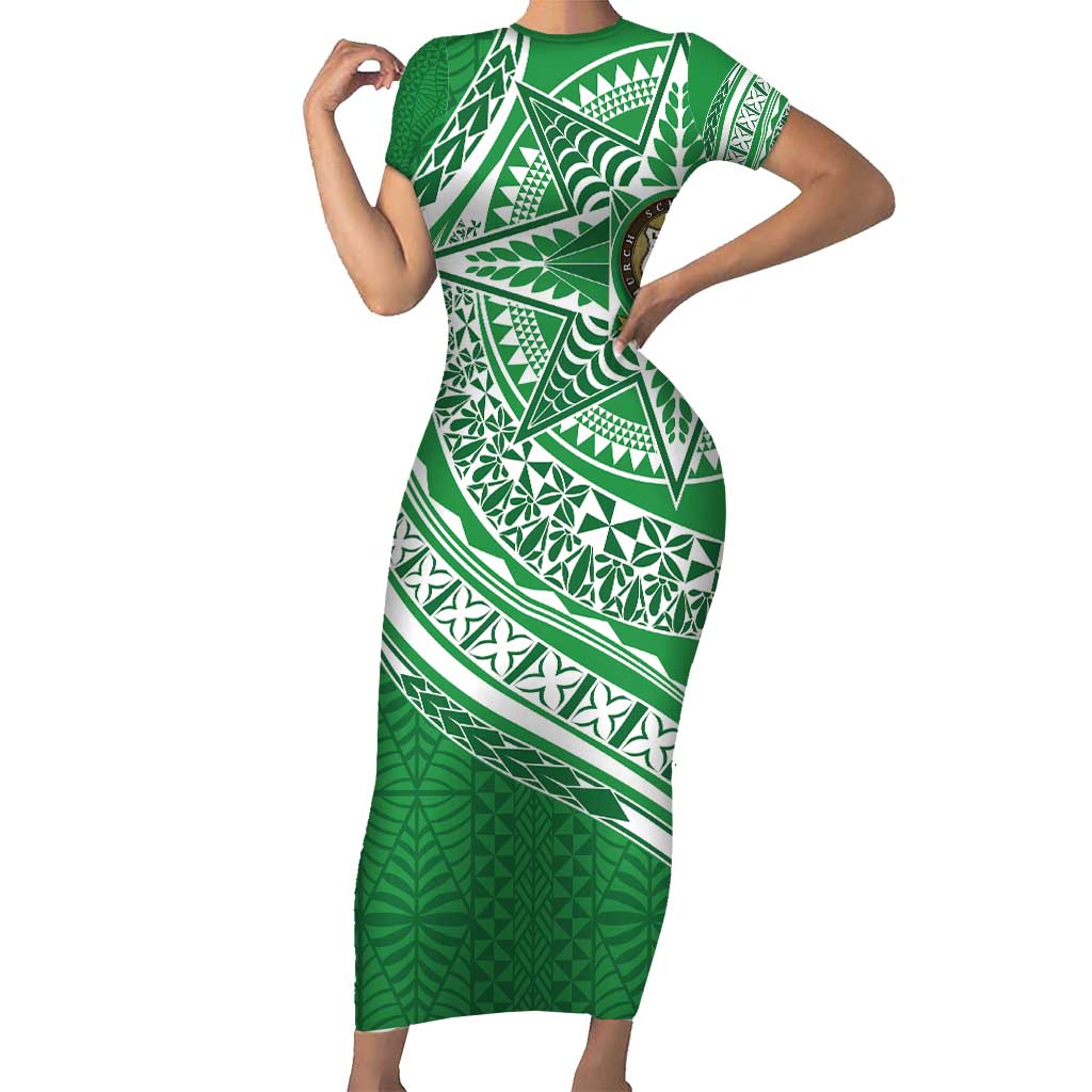 Tonga Liahona High School Personalized Family Matching Short Sleeve Bodycon Dress and Hawaiian Shirt Ngatu Tokelaufeletoa Motifs LT7 Mom's Dress Green - Polynesian Pride