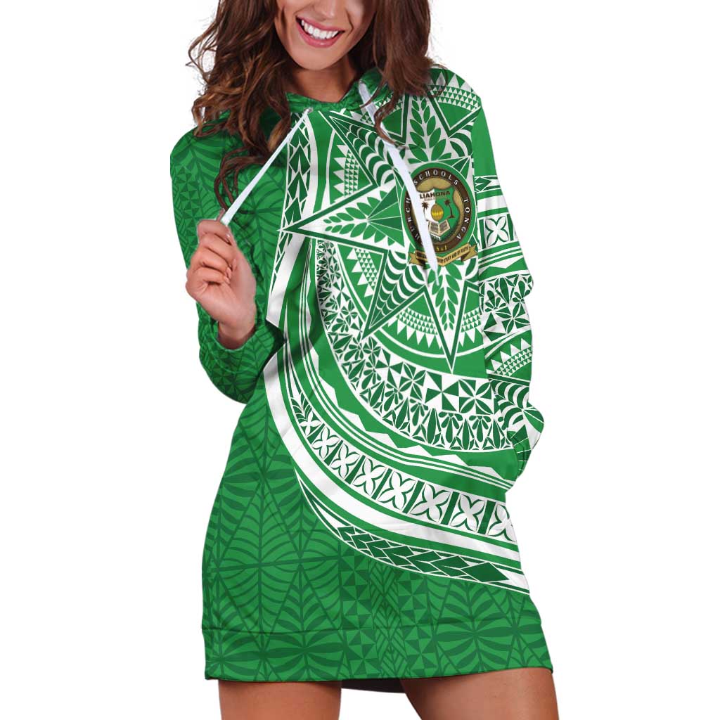 Tonga Liahona High School Personalized Hoodie Dress Ngatu Tokelaufeletoa Motifs LT7 Green - Polynesian Pride