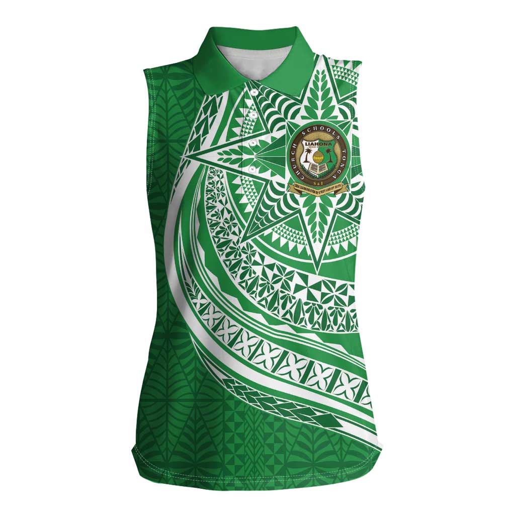 Tonga Liahona High School Personalized Women Sleeveless Polo Shirt Ngatu Tokelaufeletoa Motifs LT7 Female Green - Polynesian Pride
